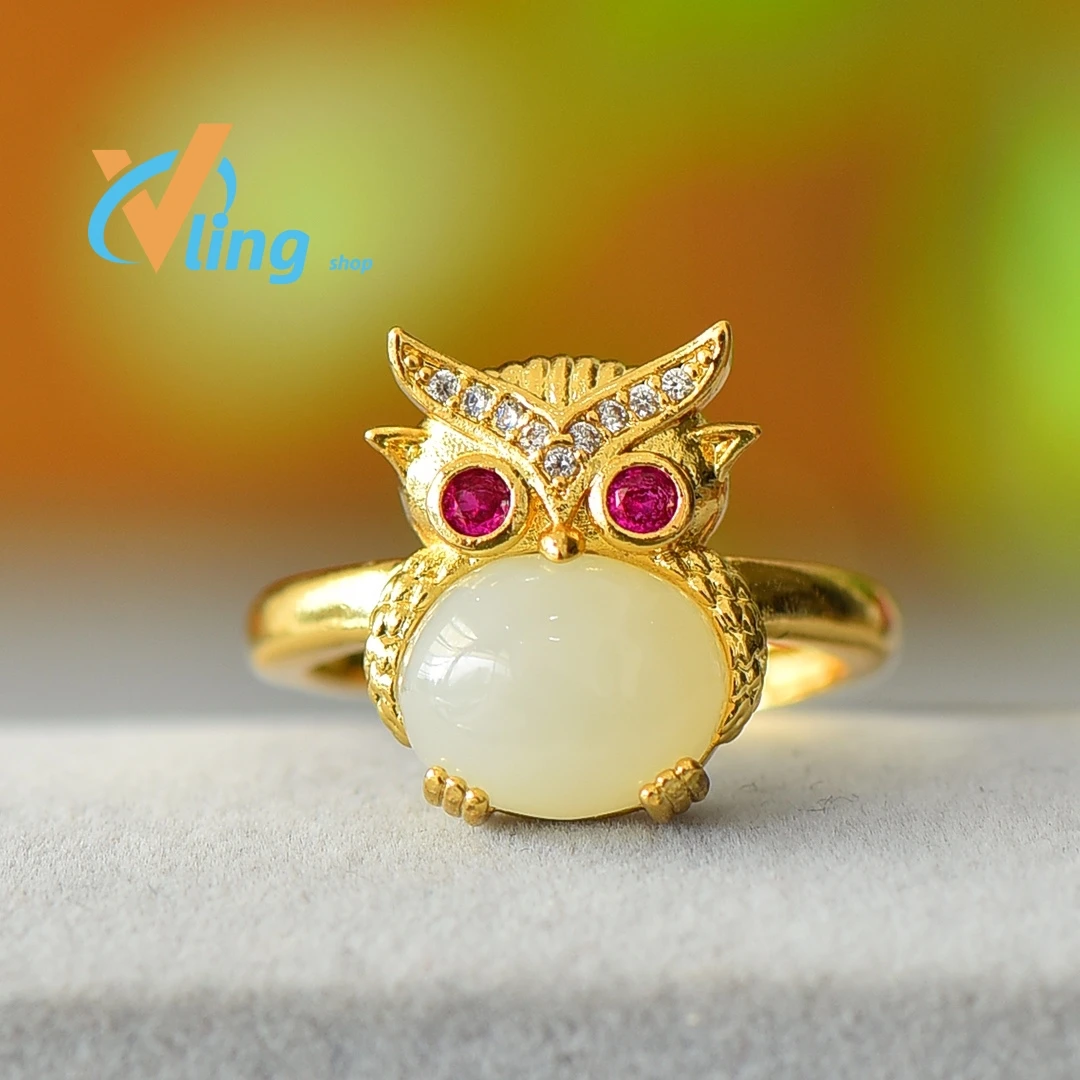 

New Fashion Handwear Women's Bronze Inlaid Hotan Jade White Jade Owl Exquisite Luxury Ring Gift Vintage Opening Adjustable