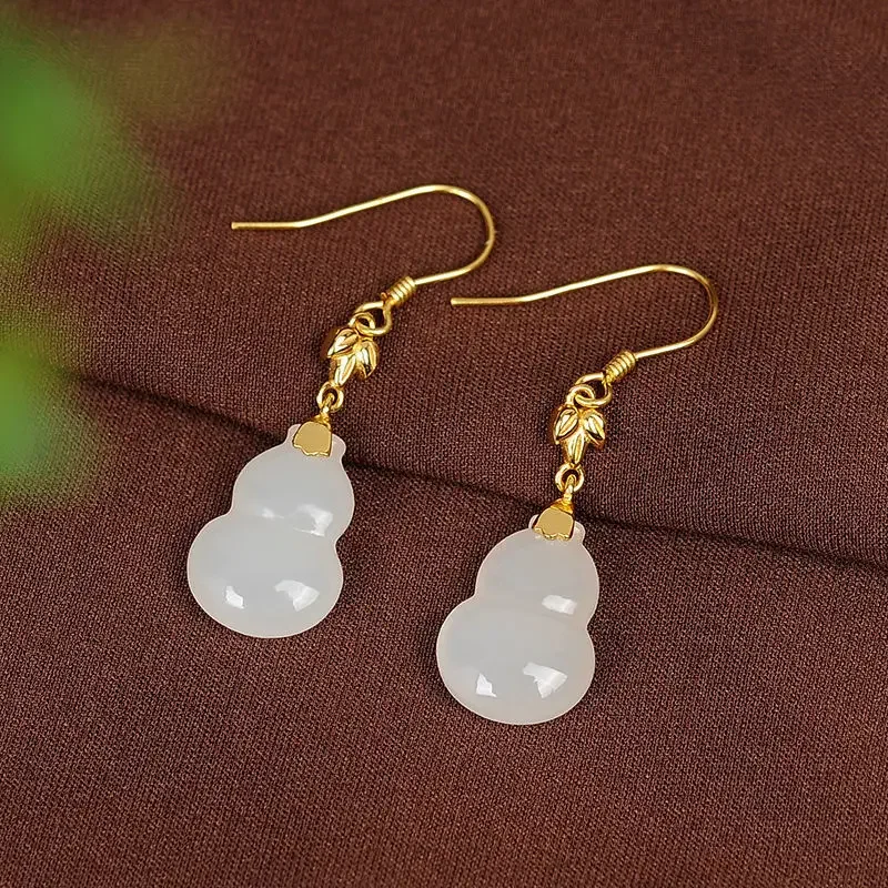 

Jade Gourd Earrings for Women Jewelry Gift White Vintage Gemstone Amulet 925 Silver Gifts Jadeite Accessories Natural Charms