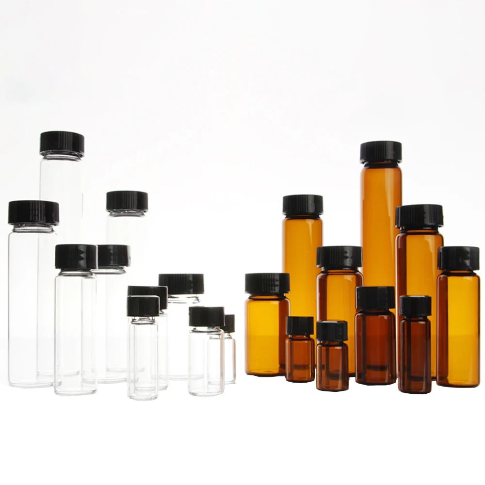 

20pcs/lot 3ml 5ml 10ml 15ml 20ml 30ml 40ml 50ml (Clear/ brown) Glass Seal Bottle Reagent Sample Vials With Plastic Lid Screw Cap