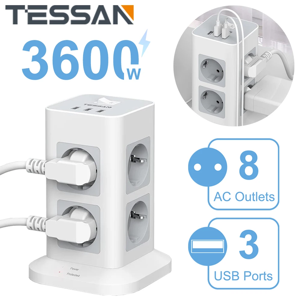 TESSAN EU Multiple Socket Power Strip with 3/8 AC Outlets 3 USB Ports & On/Off Switch, Socket Tower with 2m Extension Cord
TESSAN EU Multiple Socket Power Strip with 3/8 AC Outlets 3 USB Ports & On/Off Switch, Socket Tower with 2m Extension Cord