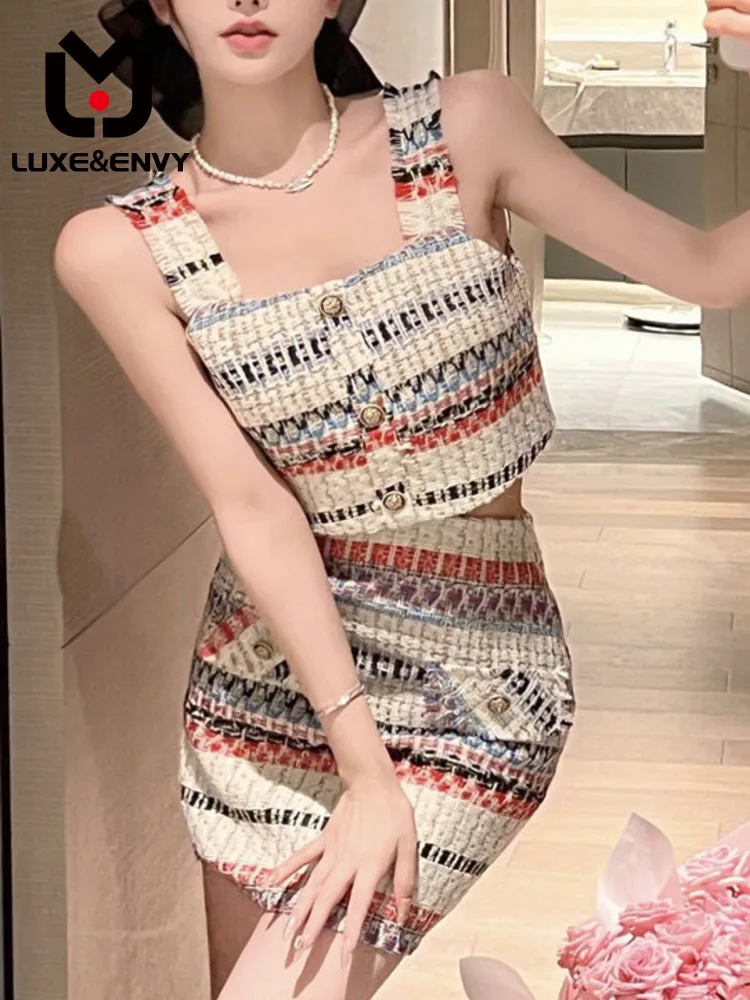 

LUXE&ENVY Celebrity Colorful Fragrance Set Summer 2023 New Women's French Spicy Girl Suspended Tank Top Half Skirt Two Piece Set