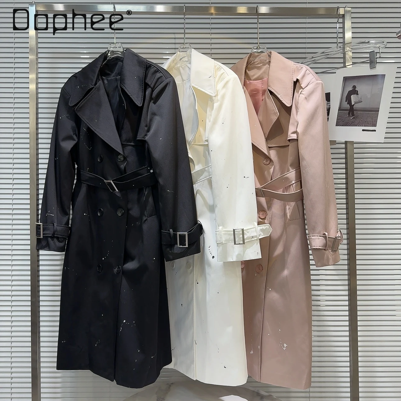 

Elegant Waist-Tight Long Trench Coat Women 2024 Spring New Casual Splash-Ink Distressed Pattern Belted Long Coats Female Jacket