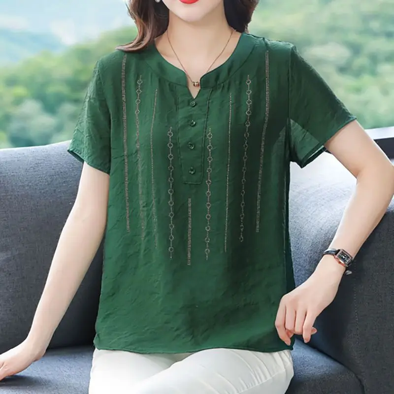 

Summer New Middle-aged and Elderly Women's Clothing V-Neck Short Sleeve Spliced Button Solid Color Printed Commute POLO Shirt