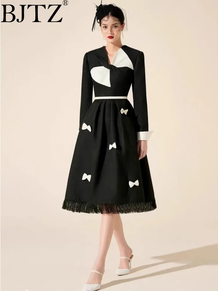

BJTZ Temperament Elegant Mid-length Dress For Women 2024 Spring Autumn New 3D Bow Colored Asymmetric Large Hem Dresses HL206