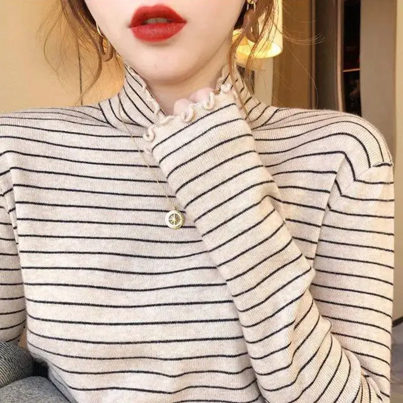Pullover female velvet half turtleneck striped bottoming shirt women autumn and winter fungus long sleeve all-match pullover 
Pullover female velvet half turtleneck striped bottoming shirt women autumn and winter fungus long sleeve all-match pullover