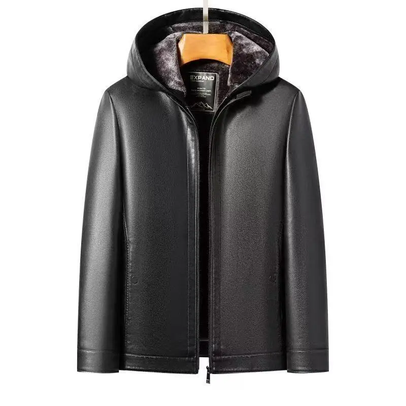 سترة شتوية من الجلد الطبيعي الراقية مع سترة جلدية بغطاء للرأس من الفرو وسترة فرو سميكة للرجال سترة شتوية من الجلد الطبيعي الراقية مع سترة جلدية بغطاء للرأس من الفرو وسترة فرو سميكة للرجال