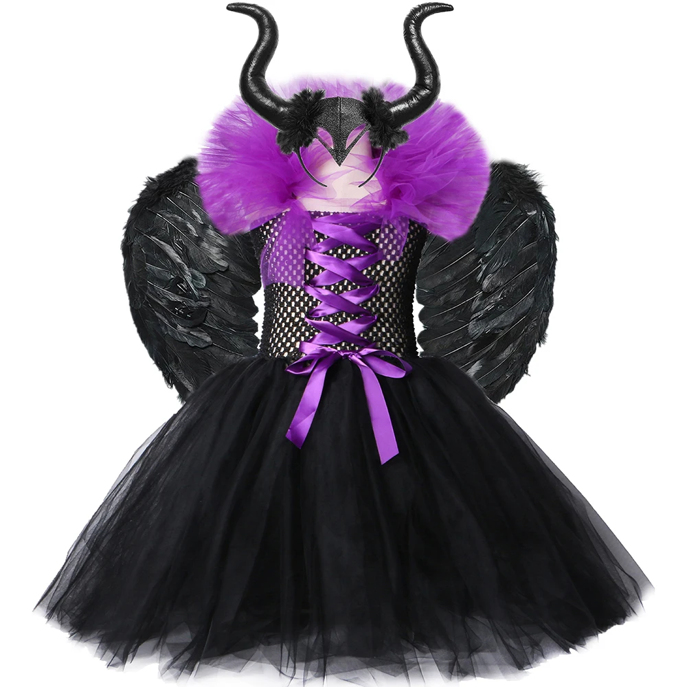 

Girls Witch Tutu Dress Purple Black Devil Evil Queen Cosplay Kids Halloween Costumes Girls Carnival Party Dresses Horns Wings