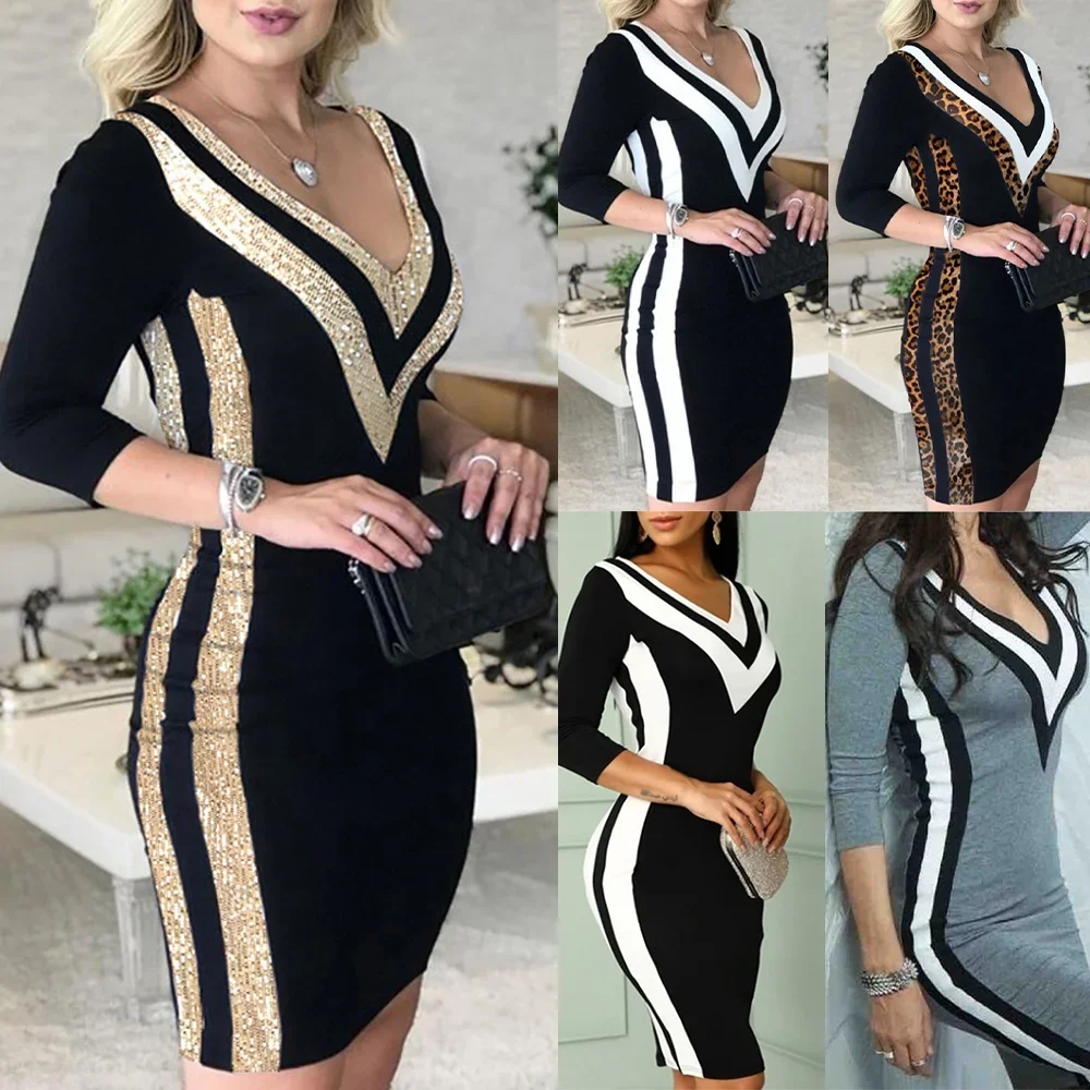 

Fashion Women Plus Size XS-5XL Contrast Splicing Sequin Deep V-neck Sexy Slim Package Hip 3/4 Sleeve Knit Dress Sexy Dress