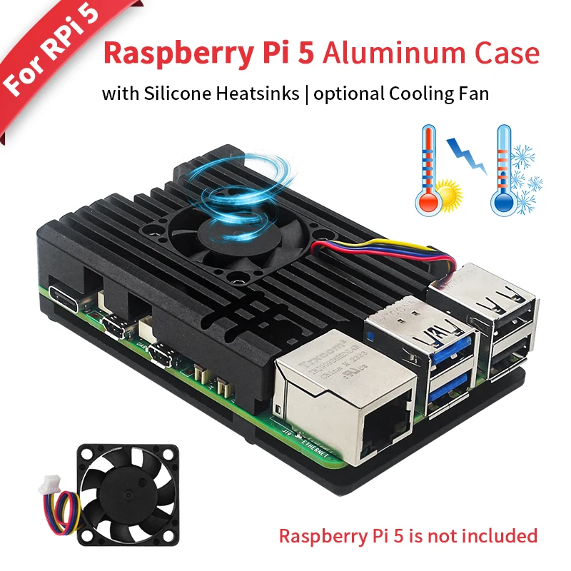 

Raspberry Pi 5 Aluminum Case Metal Shell with Cooling Fan Silicone Heatsink Active Passive Cooling Radiator Cooler For RPi 5