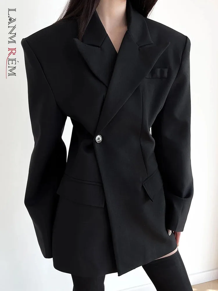 

[LANMREM] Gathered Waist Blazers For Women Double Breasted Office Lady Black Jackets Fashion Coats 2024 Spring New 26D9002