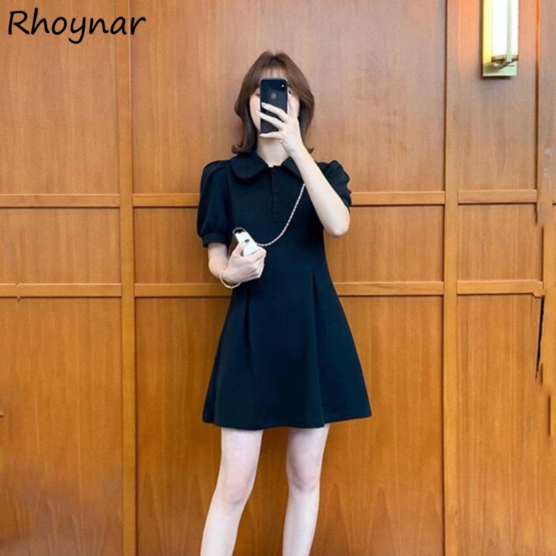 

Puff Sleeve Dress Women Folds Design Fashion Solid A-line High Waist Preppy Peter Pan Collar Sweet Tender Young Korean Style Ins