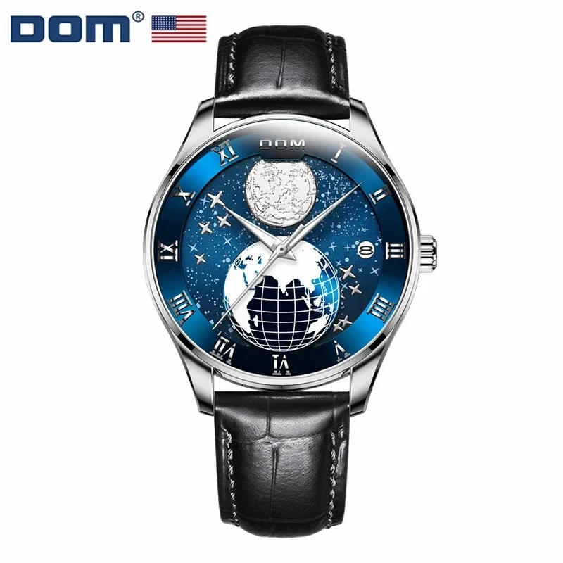 

DOM 1675 Quartz Watch Men Blue Fashion Business Wristwatches Waterproof Date Map Pointer Leather Clock for Male Watches Gift