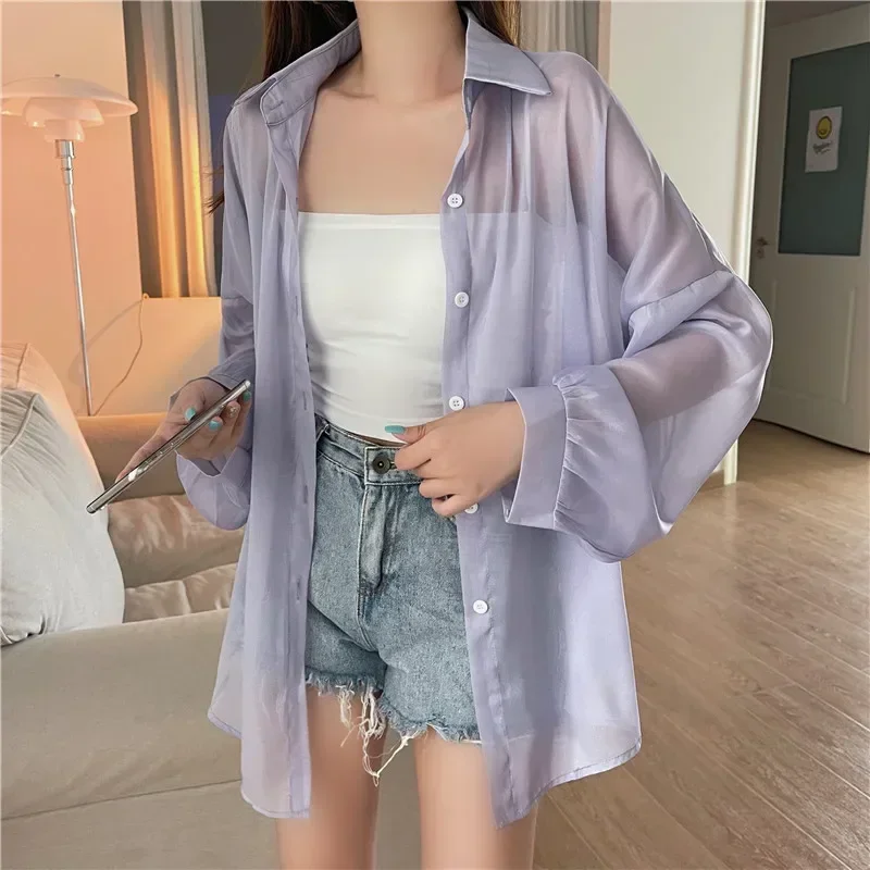 

Summer Fashion Women Holiday Beach Shirts See Through Chiffon Blouse New Summer Tops Sun Protection Clothes Long Sleeve Blusas