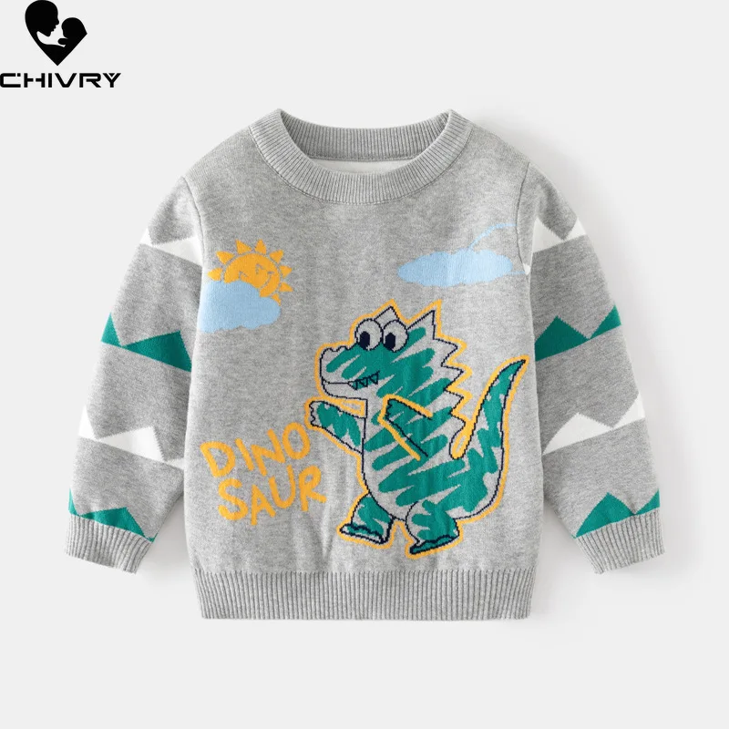 

New Baby Boys Autumn Winter Round Neck Pullover Sweater Kids Cute Cartoon Dinosaur Jacquard Warm Knitted Jumper Sweaters Tops