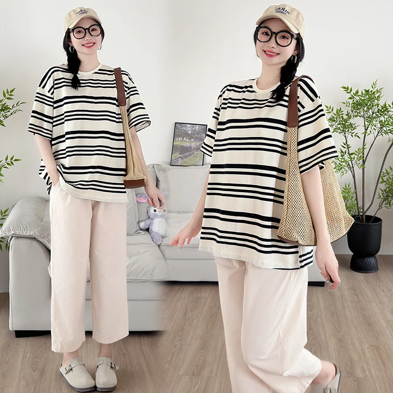 

Good Quality Pregnant Woman Clothes Set Vintage Striped Top+long Loose Belly Pants Twinset Maternity Short Sleeve Tees Trousers