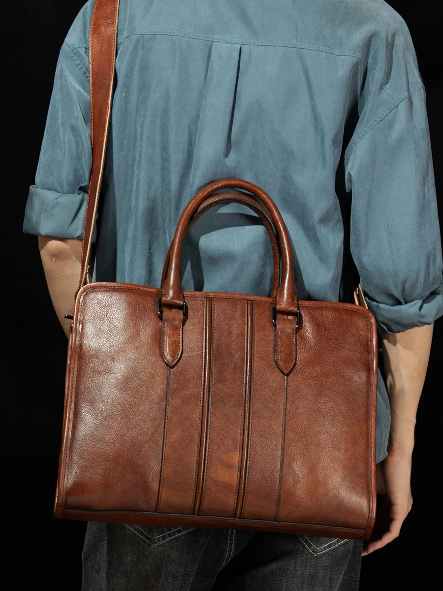 

High Quality New Hand-Brushed Vegetable Tanned Leather Vintage Men's Bag Business Briefcase Computer Casual Handbag