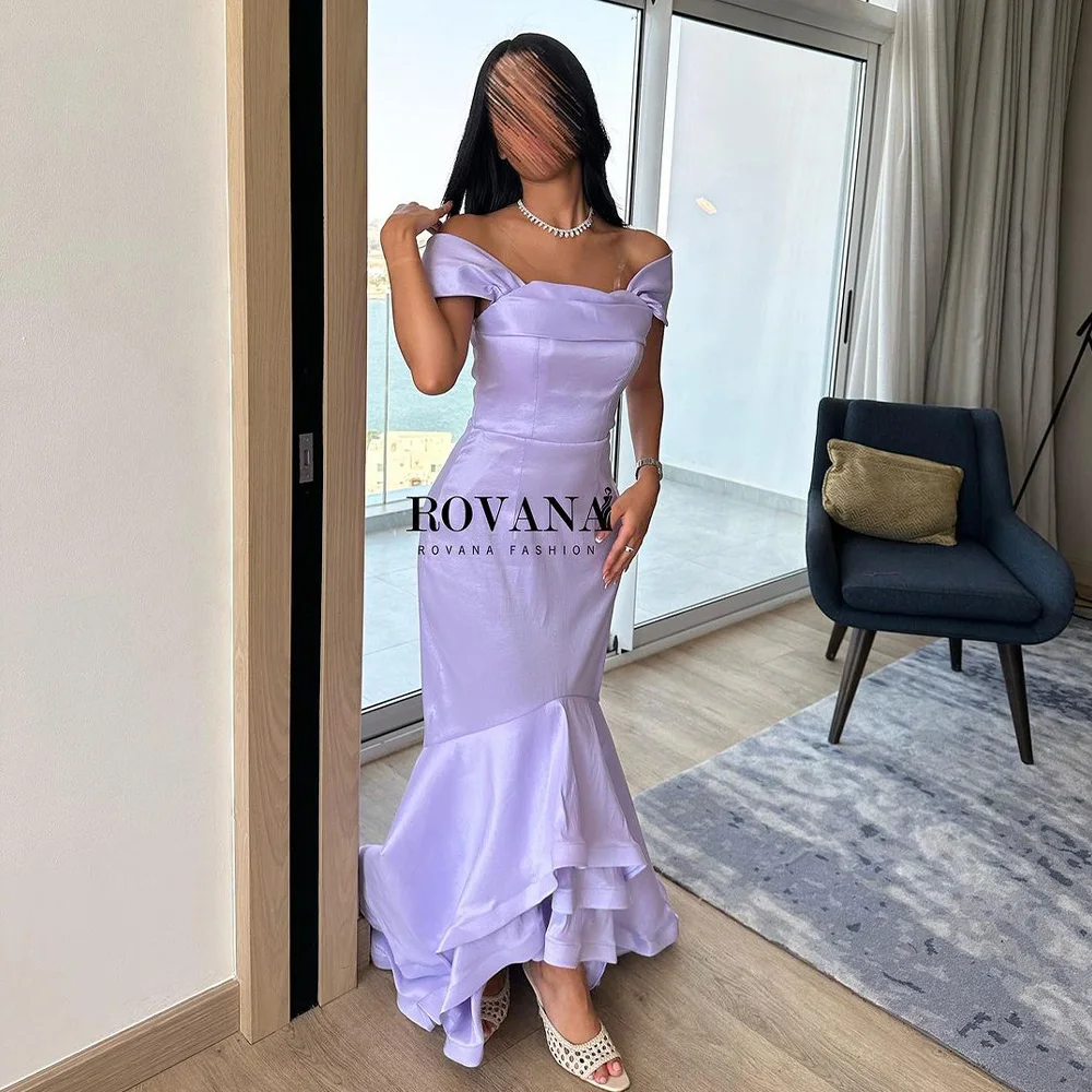 

Lavender Satin Mermaid Evening Party Dresses Off Shoulder Arabian Dubai Formal Prom Dress with Train Celebrate Event Gowns