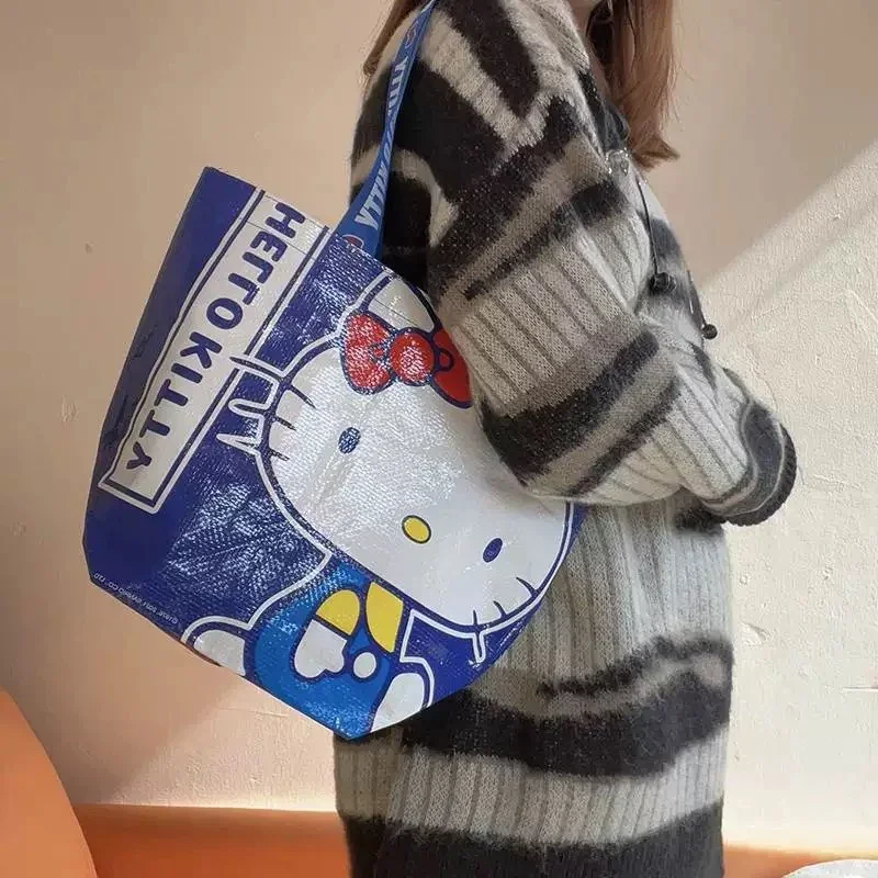

Sanrio Kawaii Blue Hello Kittys Printed Shopping Nylon Bag Eco-friendly Hand-woven Bags One Shoulder Cute and Sturdy Storage Bag
