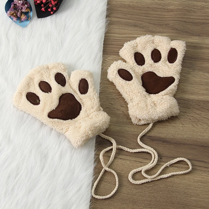 

Winter Cartoon Cat Claw Gloves Cute Girls Thickened Plush Half Finger Gloves Soft Warm Bear Paws Gloves
