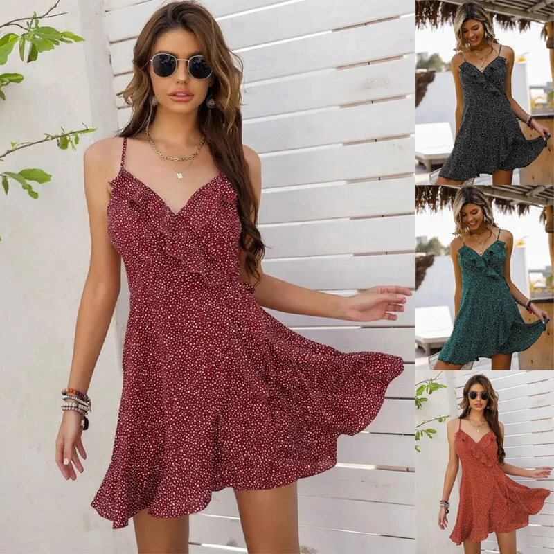 2023 New Sexy Summer Dress V-neck Ruffled White Dot Print Spaghetti Strap Mini Dress
2023 New Sexy Summer Dress V-neck Ruffled White Dot Print Spaghetti Strap Mini Dress