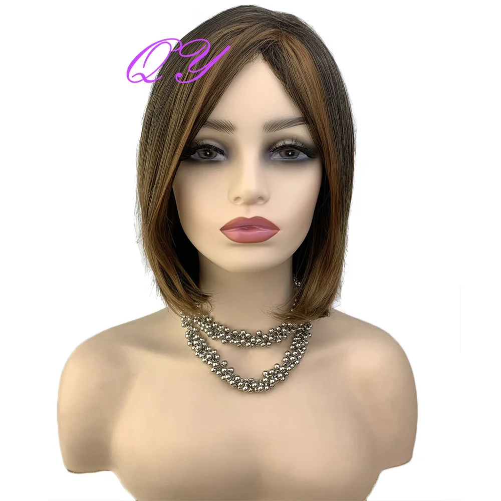 

Synthetic Short Straight Bob Highlight Wigs For Women Black Mixed Brown Side Part Female Cosplay Or Party Hair