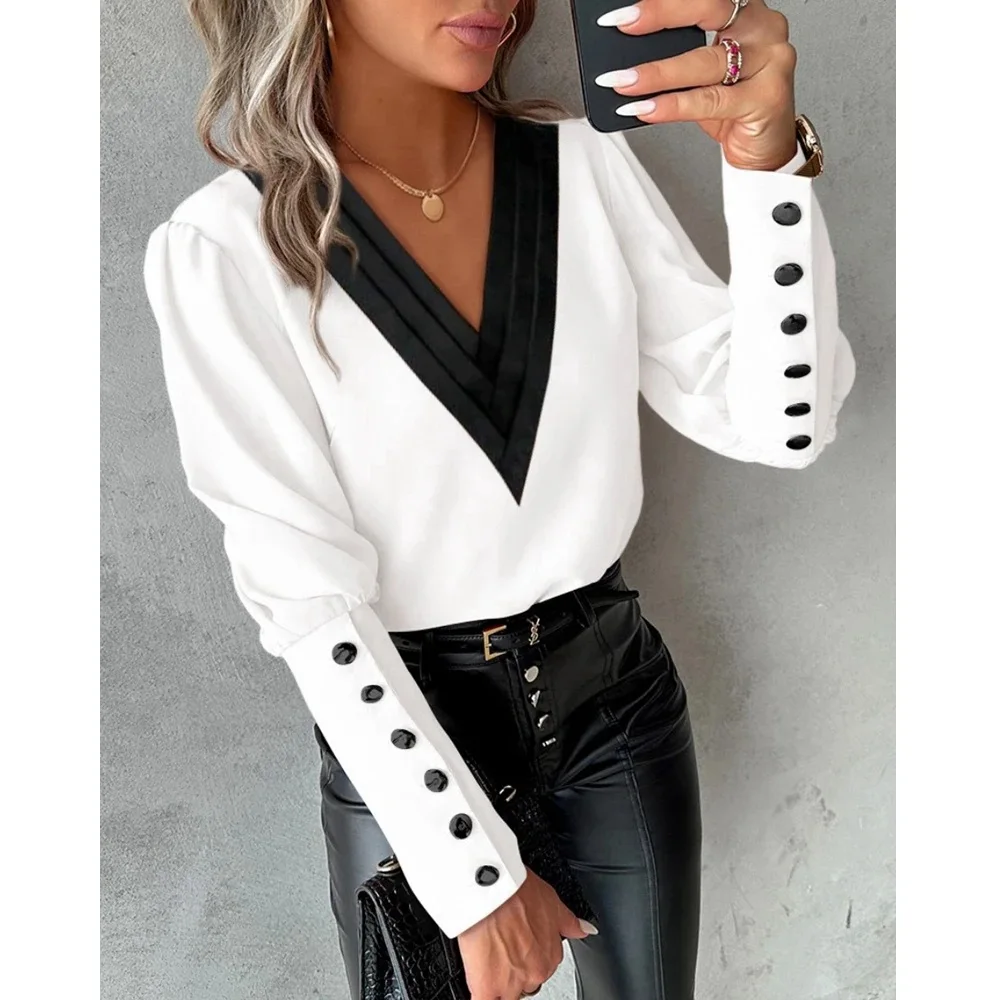 

2024 Women Contrast Paneled V Neck Buttoned Long Sleeve Blouse Spring Fashion Femme Casual Gigot Sleeve T Shirts Streetwear