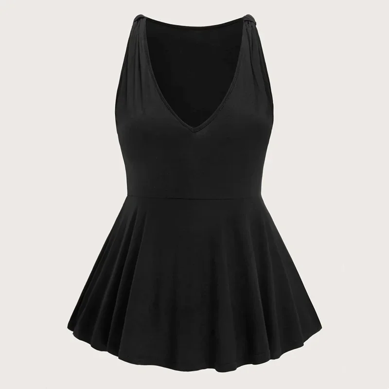 

Plus Size Elegant Sleeveless Summer Peplum Blouse V-neck Bow Detail Solid Black Tunic Top Large Size Casual A-line T-shirt Tank