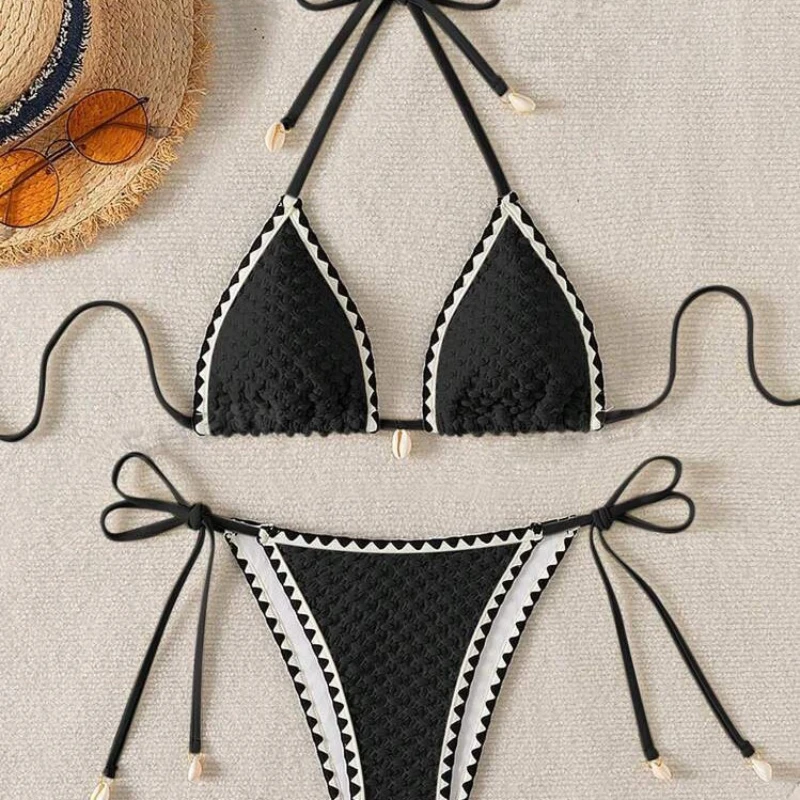 Sexy Halter Wrinkled Weave Bikini Set Shell Designer Swimsuit Women