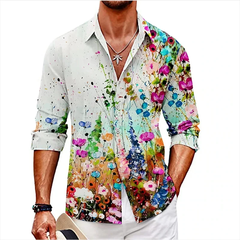 

2024 New Hawaiian Men's Floral Shirt Summer Casual Lapel Street Graffiti Flower Print Long Sleeve Oversized Shirt Men's Cardigan