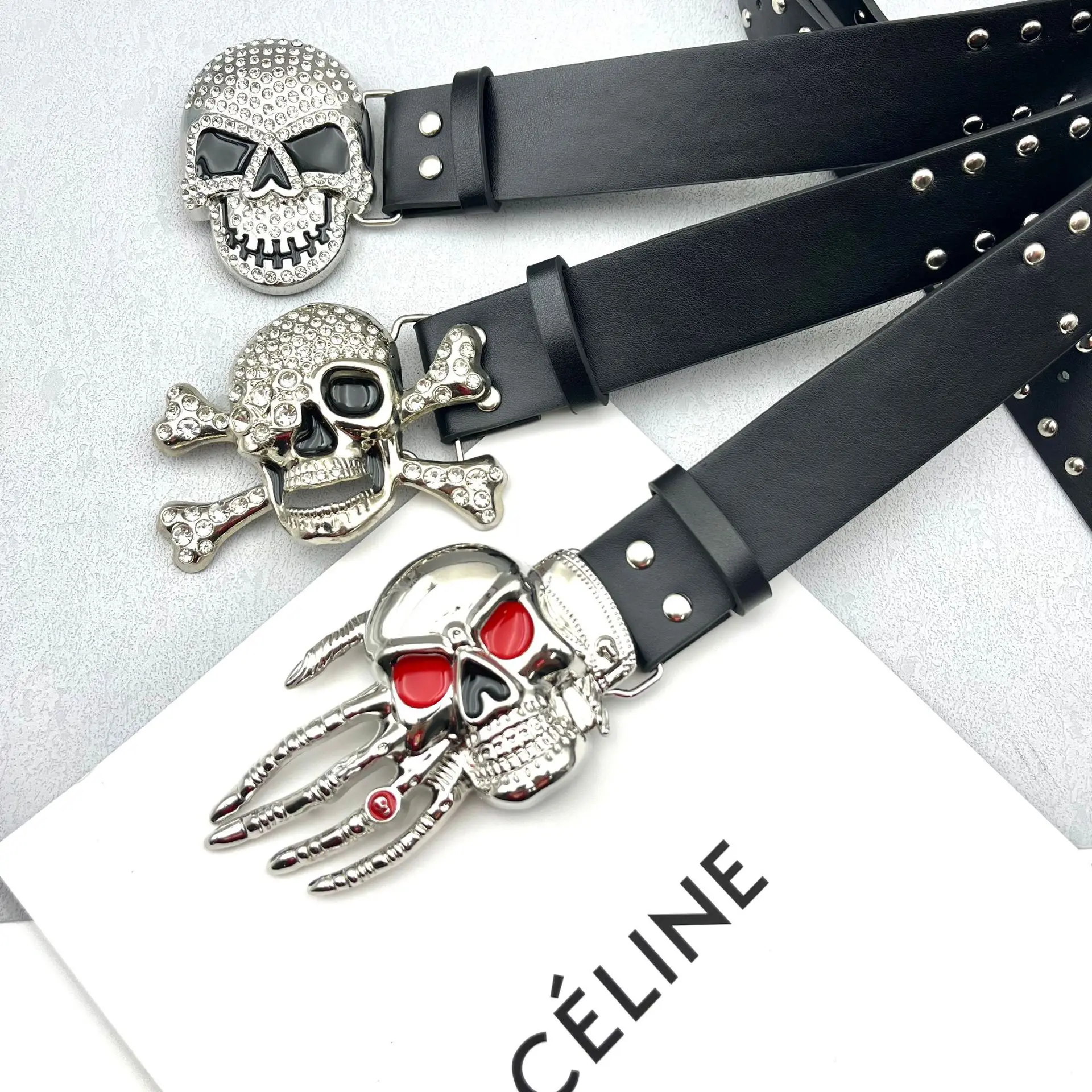 

European Hip Hop Metal Skull Buckle Waist Belt Adult Unisex PU Leather Casual Jeans Belts Strap Rivet Studded Punk Belt Ceinture