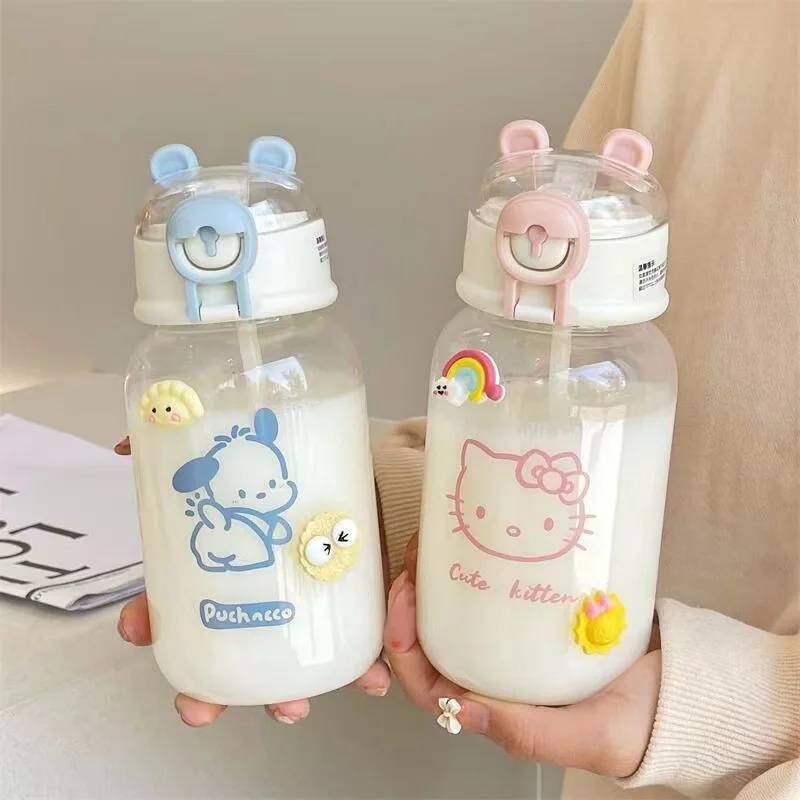 

Sanrio Hello Kitty Pochacco Water Bottle 400ML Transparent Straw Water Bottle Diy Anime Kuromi Cinnamoroll Plastic Cups Gift