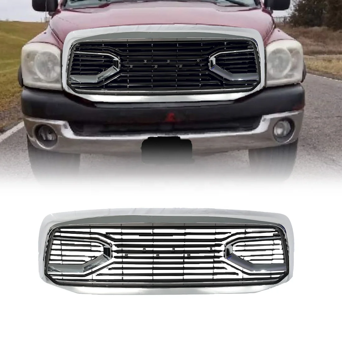 

Custom Car Grills Front Grille Grill Chrome Big Horn Style With Amber Lights For 2006-2008 Dodge Ram 1500 ABS