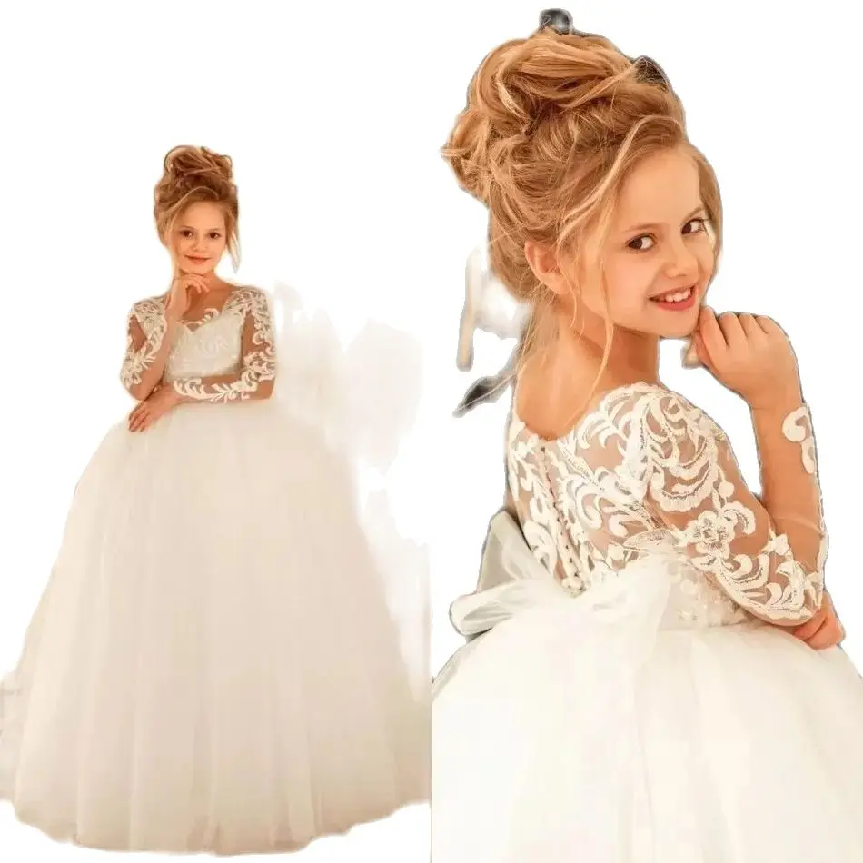 

Puffy Tulle Ivory First Communion Dress Sheer V Neck Long Sleeve Princess Flower Girl Dress for Wedding Party with Train