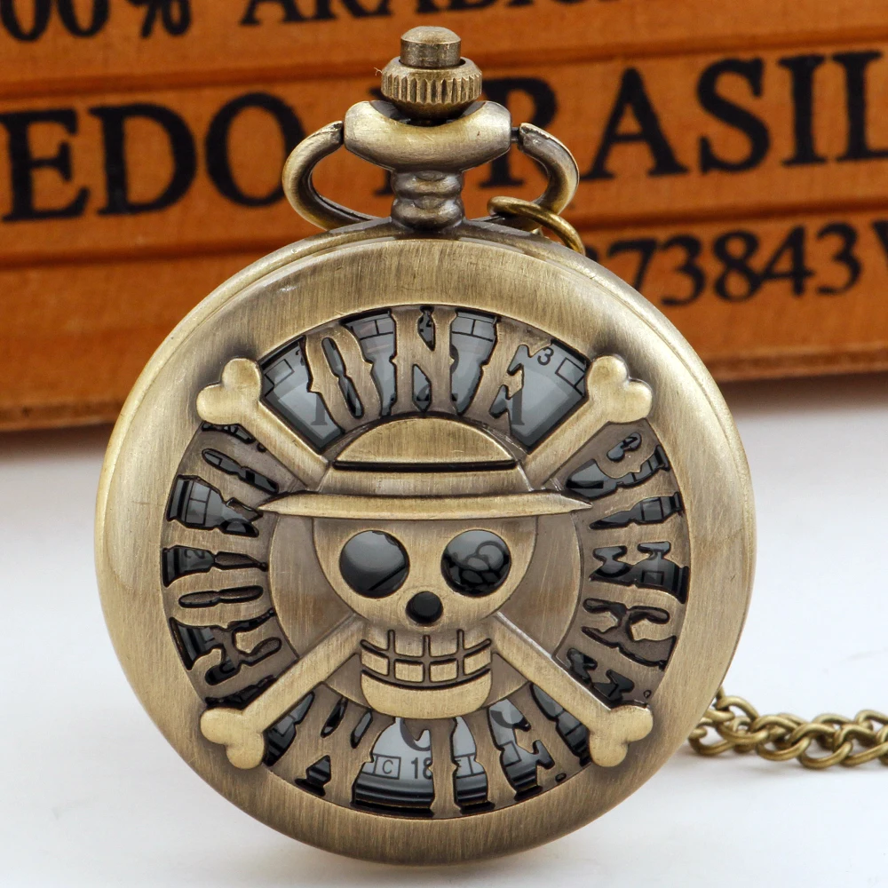 

Vintage Bronze Pirate Skull Engraved Quartz Pocket Watch for Men Women Alloy Necklace Chain Steampunk Pocket Clock