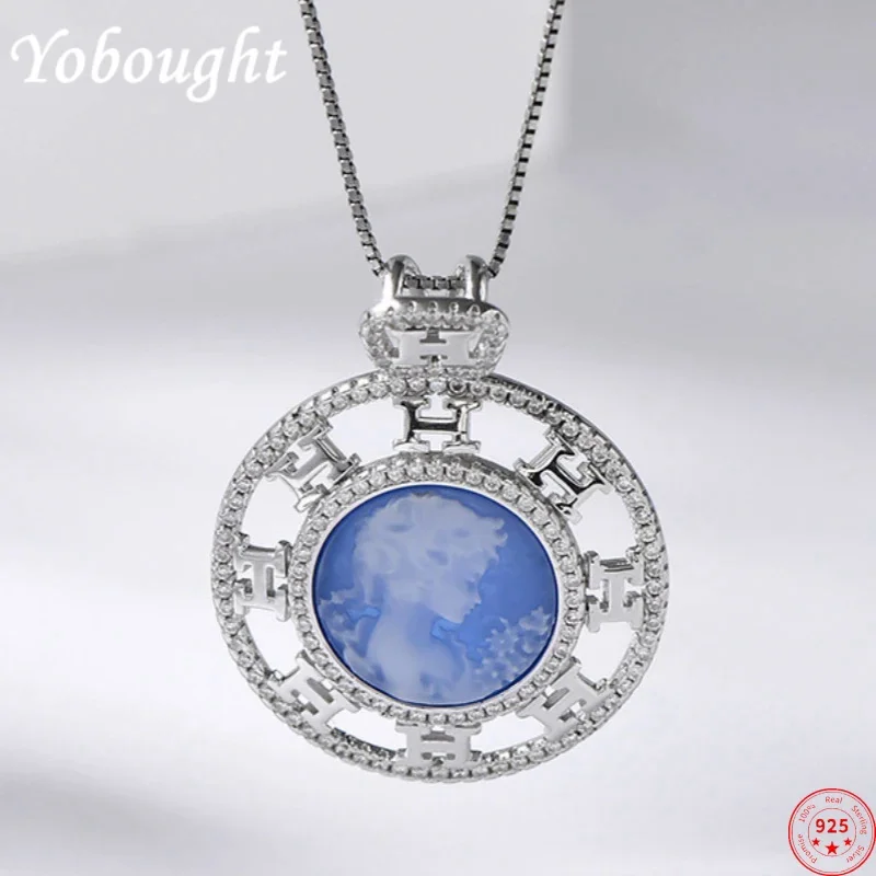 

S925 sterling silver pendants for women men new fashion round blue agate beauty head sculpture classic jewelry free shipping