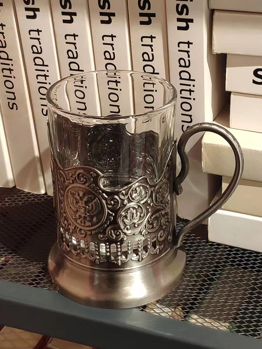

Custom logo old-fashioned podstakannik russian drinking hot tea glass metal cup holder folk crafts