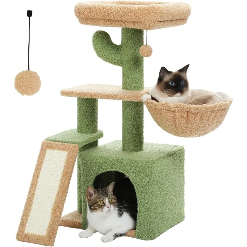 

Cactus Cat Tree for Indoor Cats,Cute Cat Tower Cat Condo with Sisal Scratching Ramp, Cozy Hammock and Removable Top Bed Perch