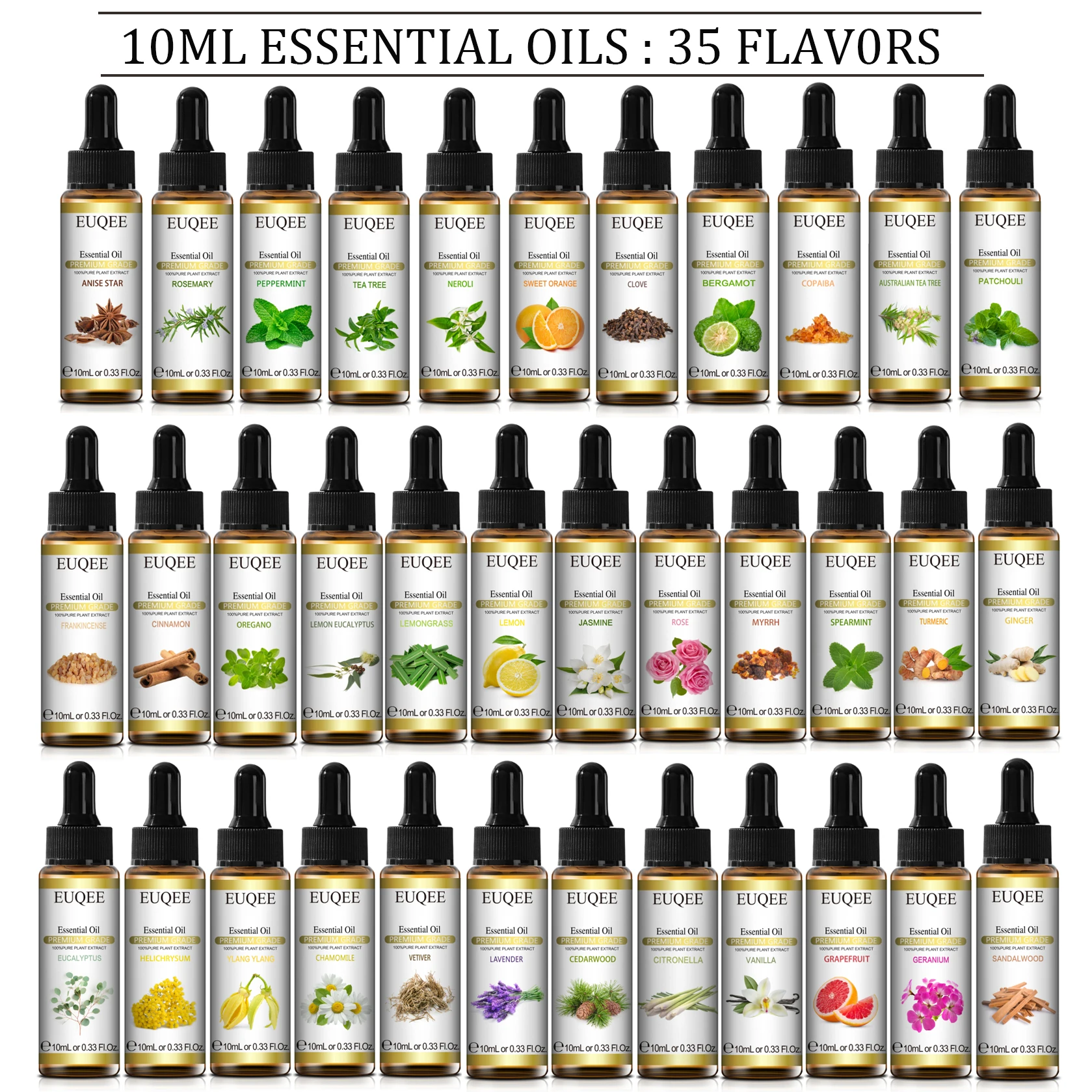 

EUQEE 10ml with Dropper Natural Plant Essential Oil For Diffuser Lavender Spearmint Jasmine Eucalyptus Neroli Essential Oils