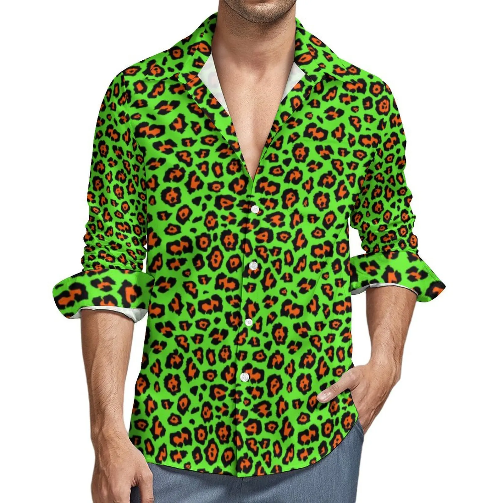 

Cheetah Animal Casual Shirts Leon Green Leopard Loose Shirt Spring Street Style Oversize Blouses Men Long Sleeve Custom Clothing