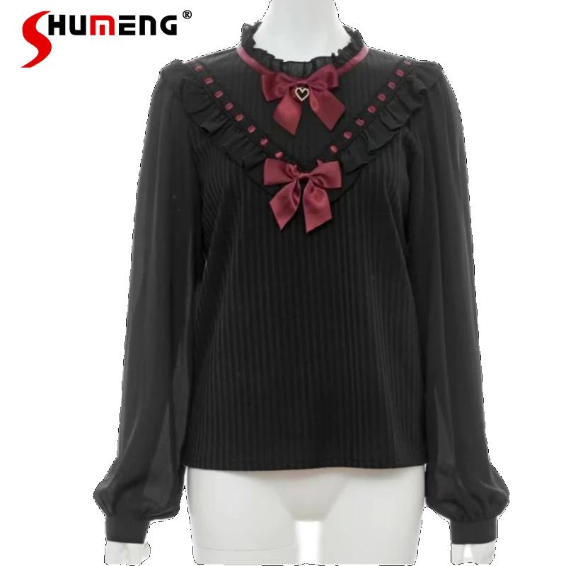 

Lolita Girl's Mine Double Bow Shirts 2024 Spring and Autumn New Sweet Kawaii Long Sleeve Black Blouse Blusas Femininas Elegantes