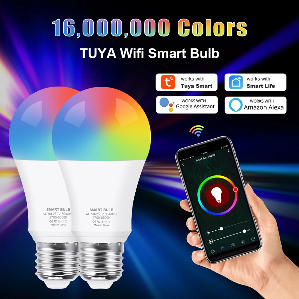 

E27 Tuya WiFi smart light Bulb 10W 15W 18W RGB Lamp 90-250V Compatible with Alexa/Google Home Smart Life APP Dimmable RGB+W+WW