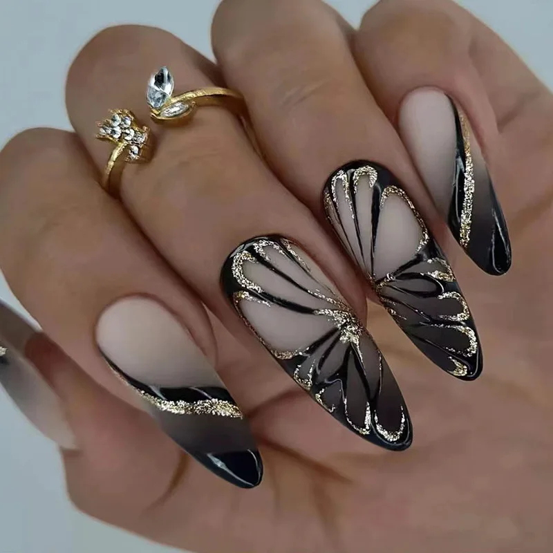 

24Pcs/Box Butterfly Gold Glitter Manicure Fake Nails Press On Full Cover Detachable Finished Wearing Fingernails Ballet Nail Art