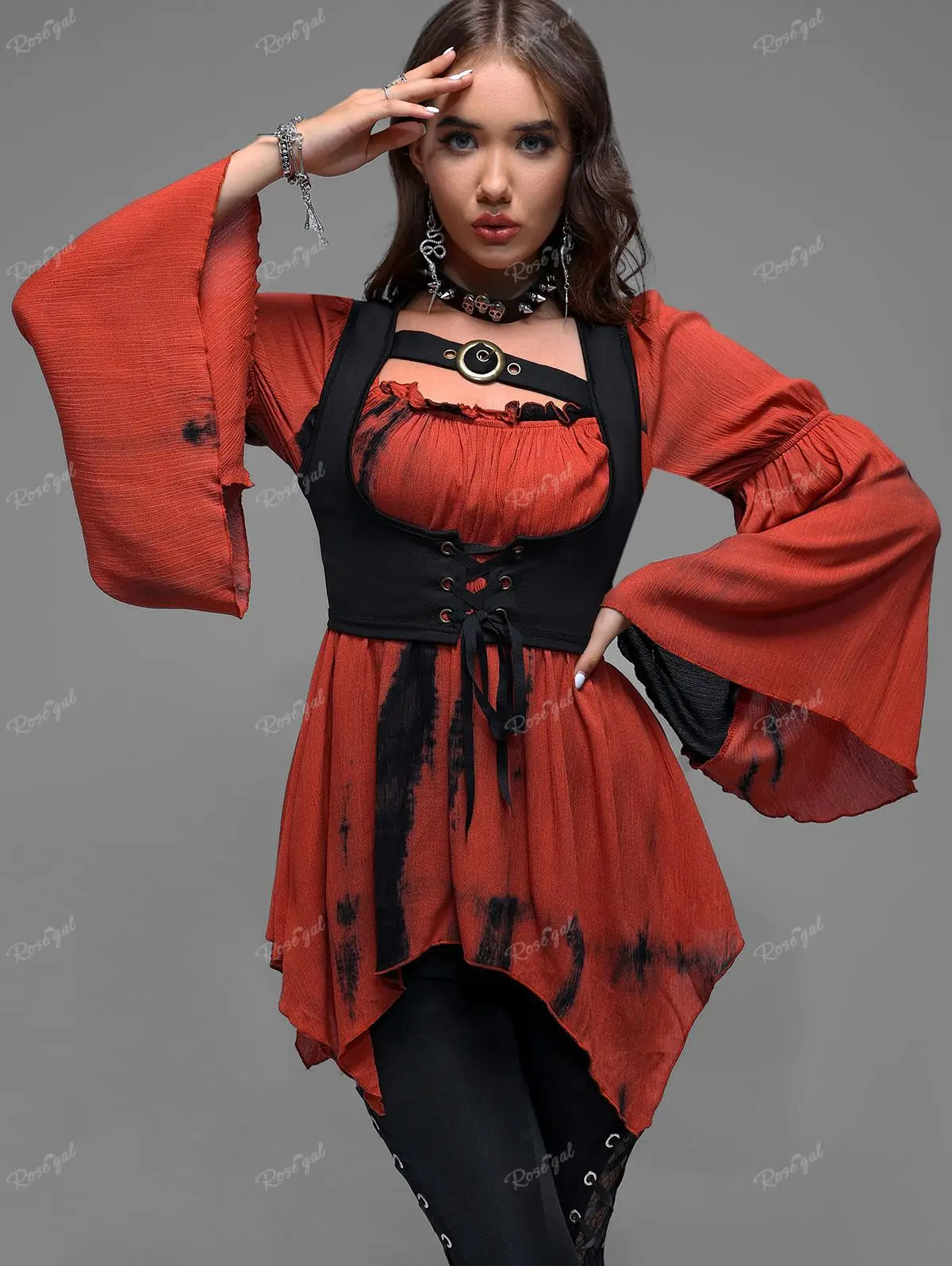 

ROSEGAL Plus Size Gothic T-shirt Women Lace Up Corset And Ruched Asymmetrical Bell Sleeves Tee Two Pieces New Autumn Winter Top