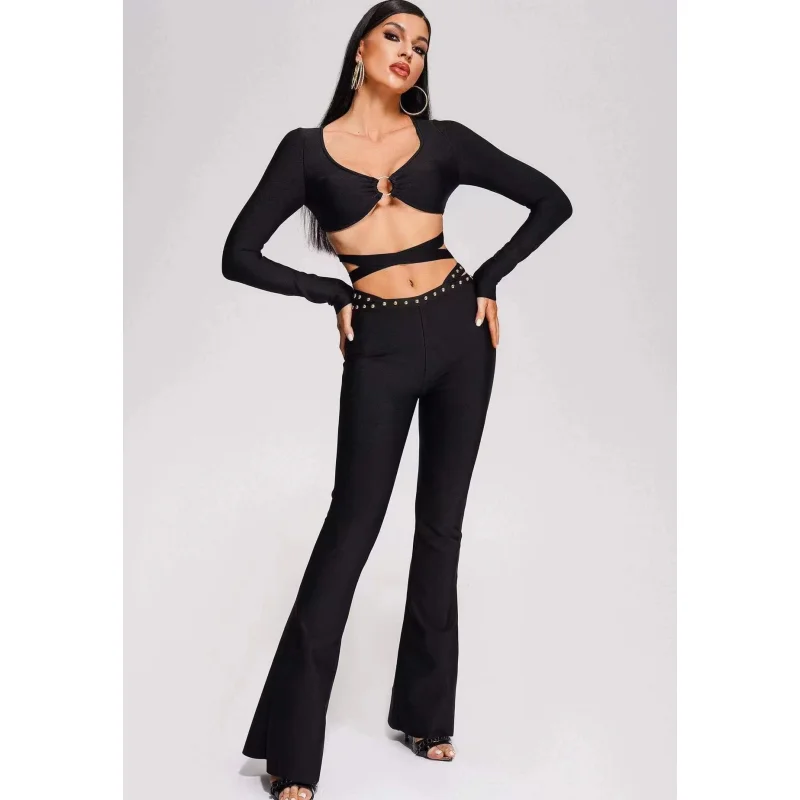 

Stylish Res Bandage Woman Set Diamond Chains Backless Halter Cropped top And Waist Chain Flare Pants 2 Pieces Club Party Outfit