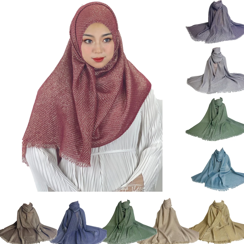 

New Muslim Women Hijab Turban Plain Glitter Shimmer Wrinkle Fringe Viscose Head Scarf Shawl Wrap Pashmina Stole Bufandas Scarves