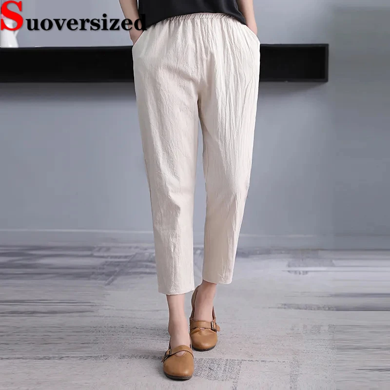 

Summer Casual Cotton Hemp Pants Oversized 4xl Ankle-length Spodnie High Waist Harem Trousers Baggy Basic Women's Pantalones