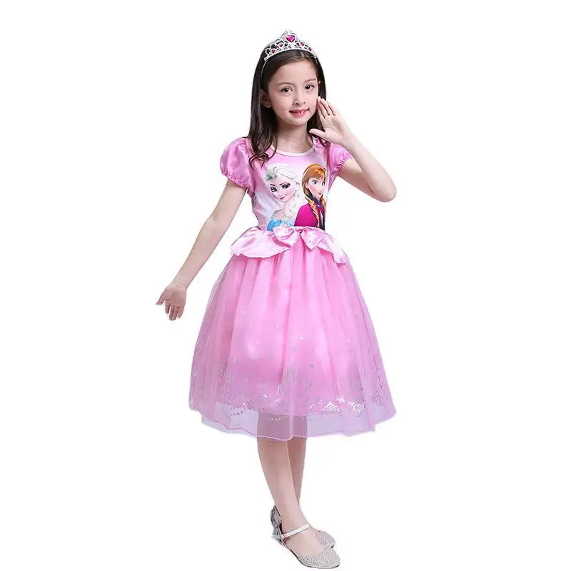 

Fashion Summer Girls Dresses Baby Kids Cartoon Frozen Elsa Clothes Princess Short Sleeve Mesh Party Wedding Dress Toddler Tops