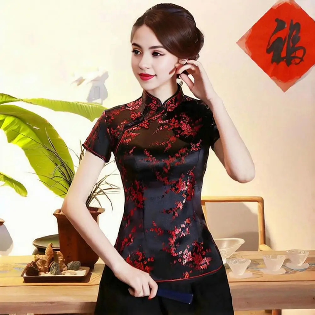 

Women Qipao Tops Floral Print Traditional Chinese Stand Collar Short Sleeve Blouse New Year Cheongsam Tops Women Clothes