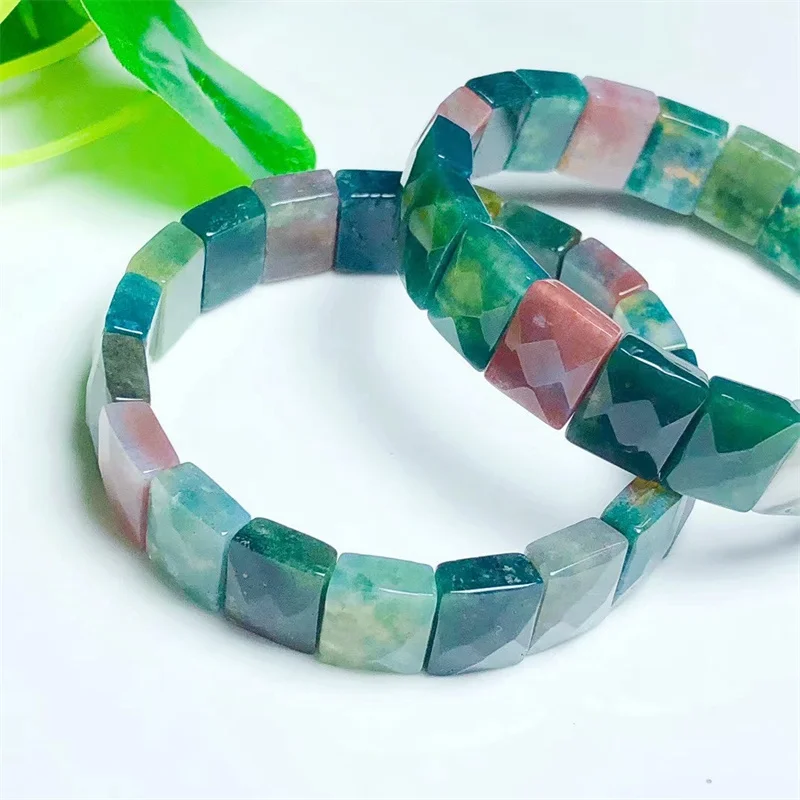 

Natural Faceted Indian Agate Bangle Fortune Energy Gemstone Bracelet Mineral String Woman Amulet Jewelry Healing Gift 10x12mm