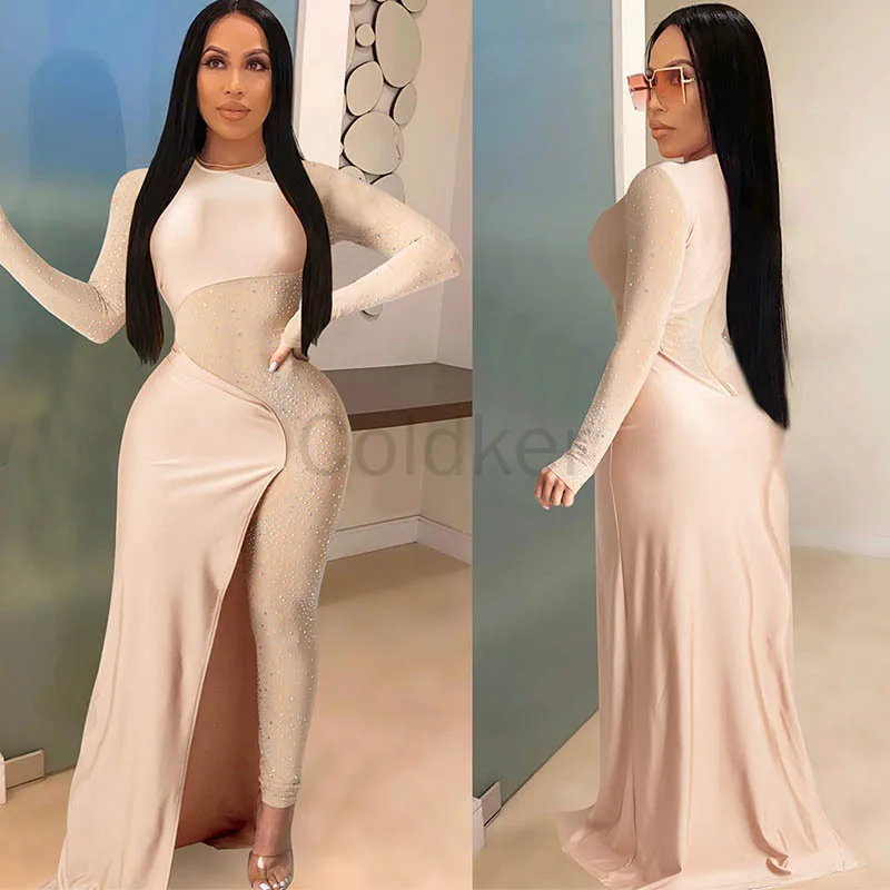 

2022 Sexy Chic Slim Jumpsuit Solid Dress with Drill Round Neck Long Sleeve One Piece Culottes Club Outfits for Women Vestidos